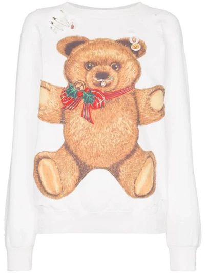 R13 Teddy Bear Print Distressed Sweatshirt In White