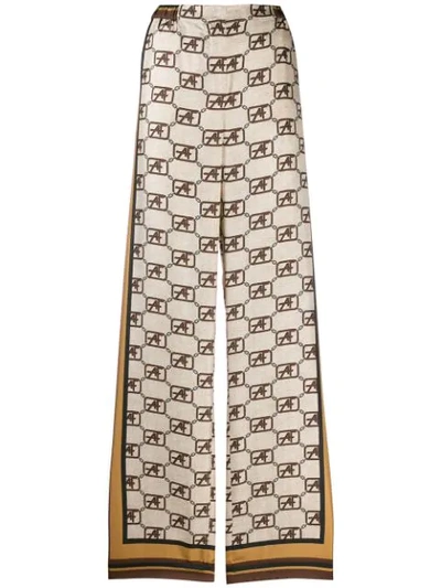 Alberta Ferretti Monogram Print Loose Silk Trousers In Beige