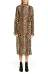 GANNI LEOPARD PRINT SHEER GEORGETTE LONG SLEEVE MIDI DRESS,F4051