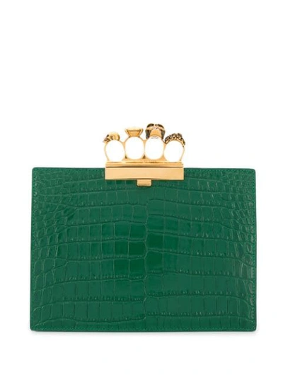 Alexander Mcqueen Four-ring Knuckle Clasp Croc Embossed Leather Clutch In Green