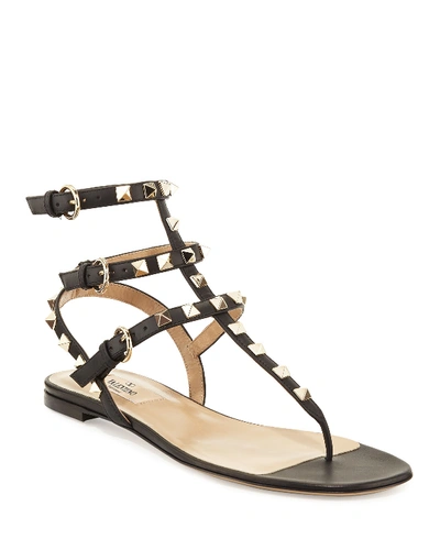 VALENTINO GARAVANI ROCKSTUD FLAT THONG SANDALS, BLACK,PROD149320810