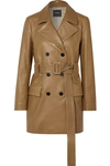 Theory Belted Double-breasted Leather Coat In Tan