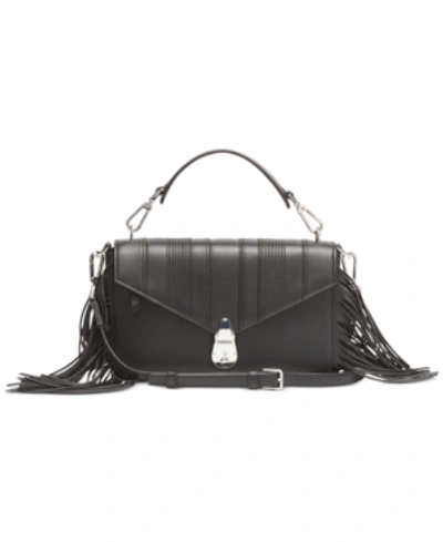 Calvin Klein Fringe Lock Leather Shoulder Bag In Black/silver