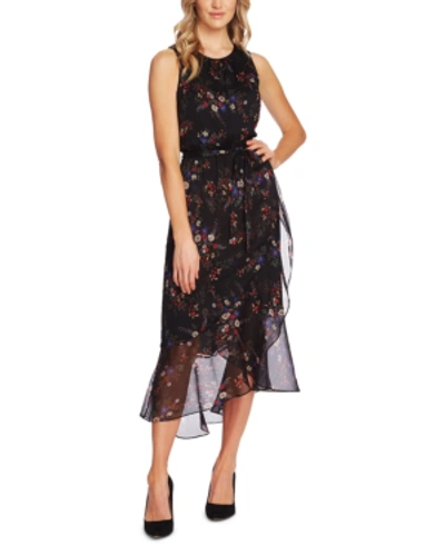 Vince Camuto Ruffle Belted Floral Print Midi Dress In Rich Black