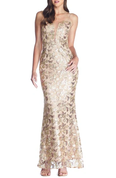 Dress The Population Mara Lace & Sequin Evening Gown In Gold-nude