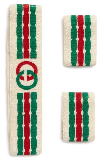 Gucci Interlocking-g Stripe Sweatband & Wrist Bands In Ivory/ Dark Green