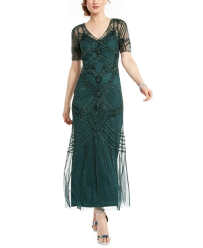 Adrianna Papell Petite Beaded Gown In Dusty Emerald Green