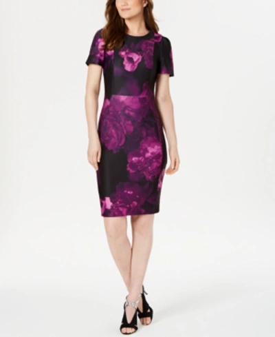 Calvin Klein Petite Floral Puff-sleeve Sheath Dress In Aubergine