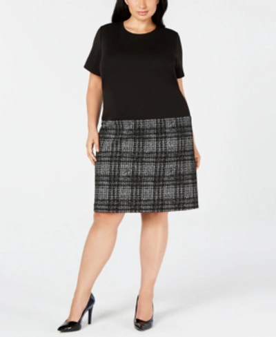 Calvin Klein Trendy Plus Size Drop-waist Shift Dress In Black/cream
