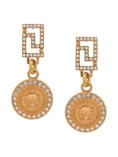 Versace Greca Crystal-embellished Drop Earrings In Gold