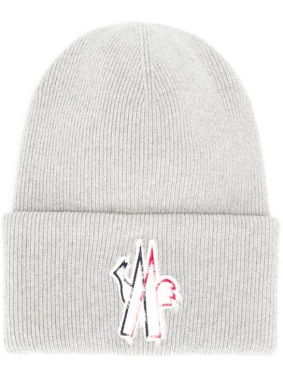 Moncler Macro Logo Wool Tricot Hat In Grey