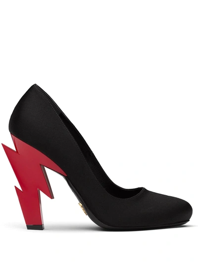 Prada Satin Pumps With Lightning Bolt Heel In Black,red