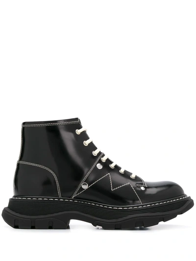 Alexander Mcqueen Glossed-leather Exaggerated-sole Ankle Boots In Black