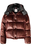 MONCLER HOODED QUILTED METALLIC VELVET DOWN JACKET