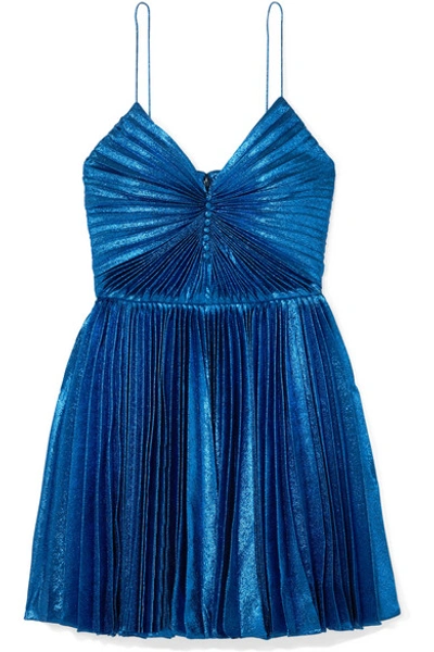 Saint Laurent Pleated Dress In Lamé Silk In Blue
