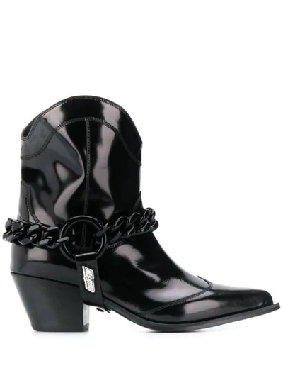 Msgm 60mm Chain Cowboy Leather Ankle Boots In Black