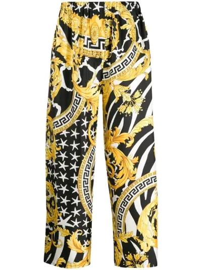 Versace Barocco Printed Wide Leg Trousers In Black ,yellow
