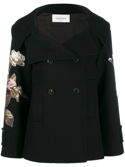 Valentino Floral Embroidered Double Breasted Wool Peacoat In Black Multi