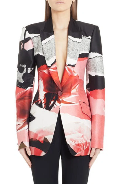 Alexander Mcqueen Torn Rose Print Wool & Silk Blazer In Pink Grey Black