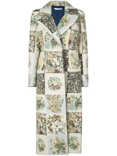 Oscar De La Renta Patchwork Floral Long Coat In Ecru Multi