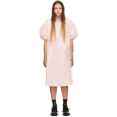 Simone Rocha Pink Ruched Flowers Puff Sleeves Tee Dress In Pink/ Pink