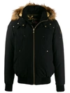 Moose Knuckles Little Rapids Black Fur-trimmed Bomber Jacket In Noir_mouton_noir