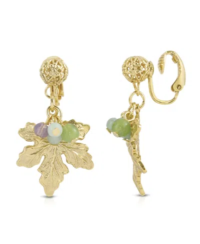 2028 14k Gold-dipped Multi-color Beaded Grape Leaf Clip Earrings
