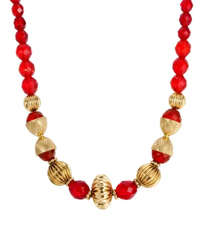 2028 14k Gold Dipped Red Glass Gold Bead Necklace