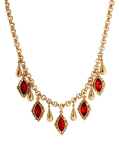 2028 14k Gold Dipped Red Glass Navette Drop Necklace