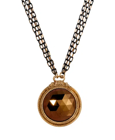 2028 14k Gold Dipped Round Glass Topaz Pendant Two-tone Chain Necklace In Brown