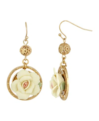 2028 14k Gold Plated Large Ivory Porcelain Rose Earrings
