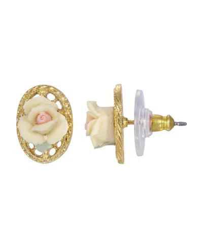 2028 14k Gold Plated Rose Oval Lattice Button Earrings In Ivory