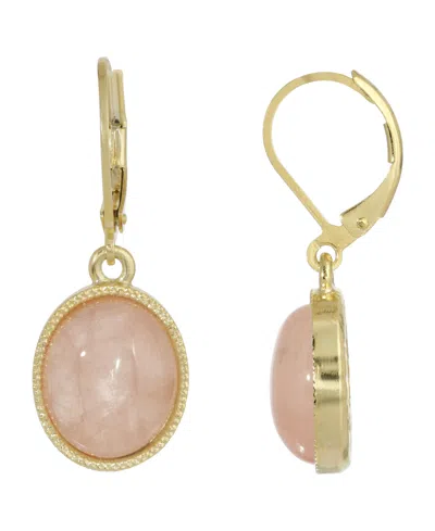 2028 14k Gold Plated Rose Quartz Semi Precious Oval Drop Earrings In Pink
