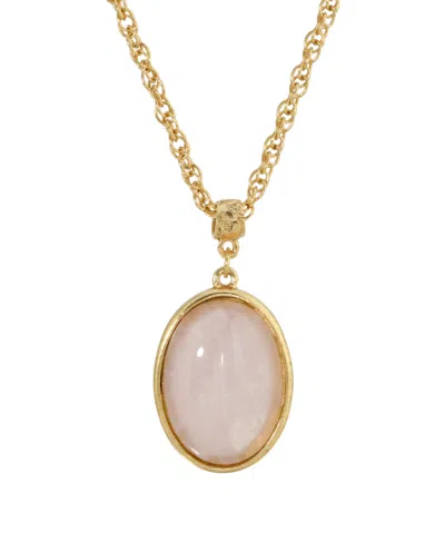 2028 14k Gold Plated Semi Precious Rose Quartz Oval Pendant Necklace In Pink