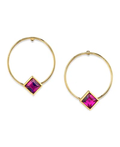 2028 14k Gold Dipped Diamond Shape Crystal Hoop Stainless Steel Post Small Earrings In Fuchsia