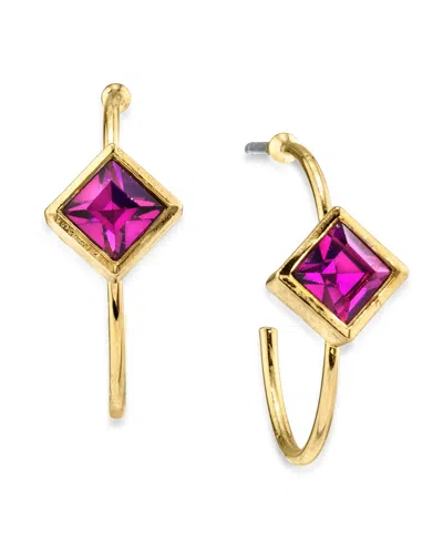 2028 14k Gold Dipped Diamond Shape Crystal Open Hoop Stainless Steel Post Small Earrings In Fuchsia
