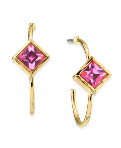 2028 14k Gold Dipped Diamond Shape Crystal Open Hoop Stainless Steel Post Small Earrings In Light Pink