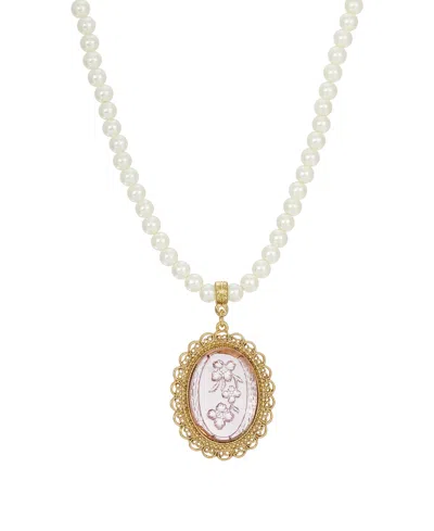 2028 14k Gold Dipped Light Purple Oval Intaglio Imitation Pearl Strand Necklace