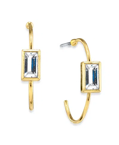 2028 2032 14k Gold Dipped Rectangle Crystal Open Hoop Stainless Steel Post Small Earrings In White