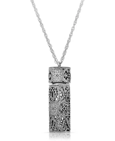 2028 Antique-like Pewter Filigree Covered Glass Vial Necklace In Silver