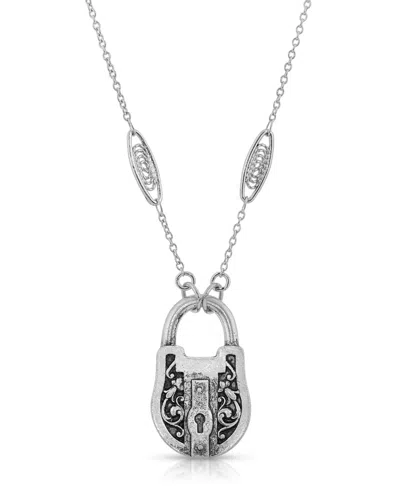 2028 Antique-like Pewter Lock Pendant Necklace In Silver