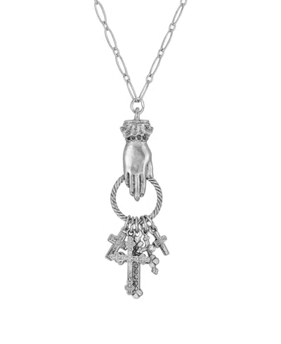 2028 Antiqued Pewter Hand And Multiple Cross Charm Necklace