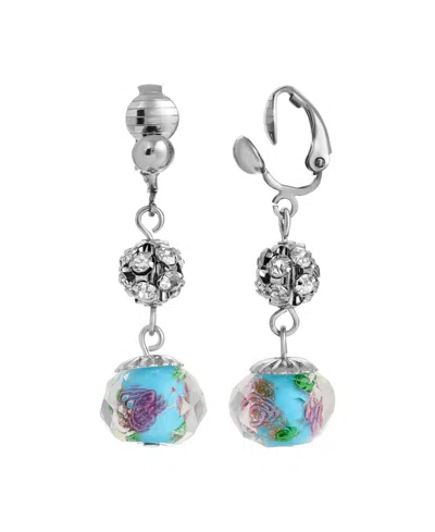 2028 Aqua And Pink Flower Bead With Crystals Clip Earrings In Blue