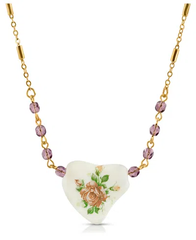 2028 Beaded Heart With Pink Floral Decal Necklace In Purple
