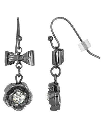 2028 Black-tone Crystal Flower Bow Drop Earrings