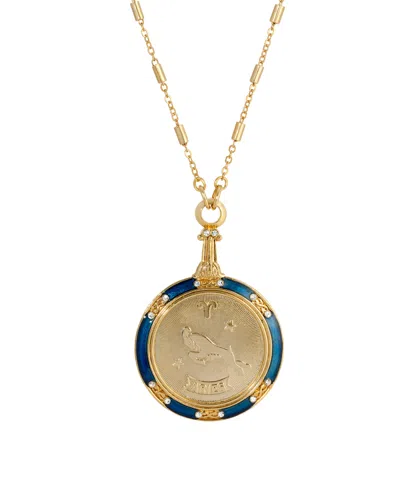 2028 Blue Enamel Crystal Round Zodiac Necklace In Aries