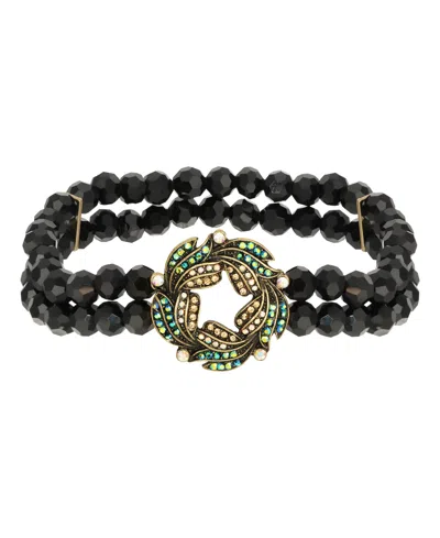 2028 Blue Iridescent Aurora Borealis Glass Stone Wreath And Jet Bead Bracelet In Black