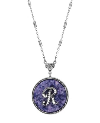2028 Blue Round Pewter Initial Pendant Necklace