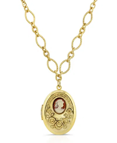 2028 Carnelian Cameo With Flowers Oval Locket Necklace In Red