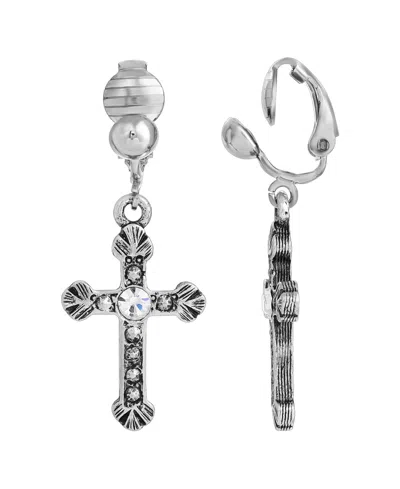 2028 Crystal Accent Cross Clip Earrings In Silver-tone